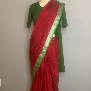 Handmade Silk Saree - Red & Green with Gold Embroidery